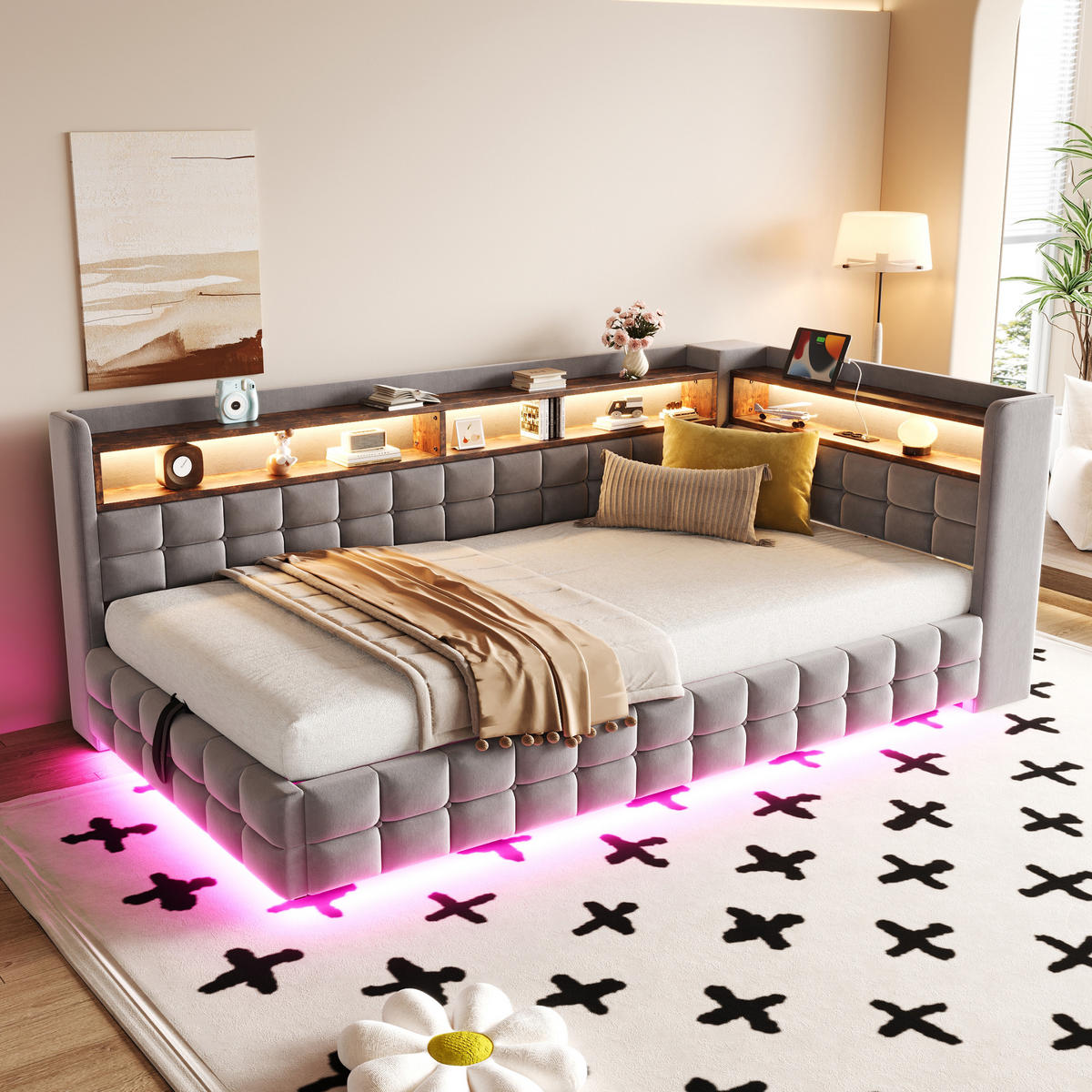 POLSTERBETT 90x200cm Schlafsofa LED Stauraum USB Samt Grau - Hellgrau, Textil (90/200cm) - FLIEKS