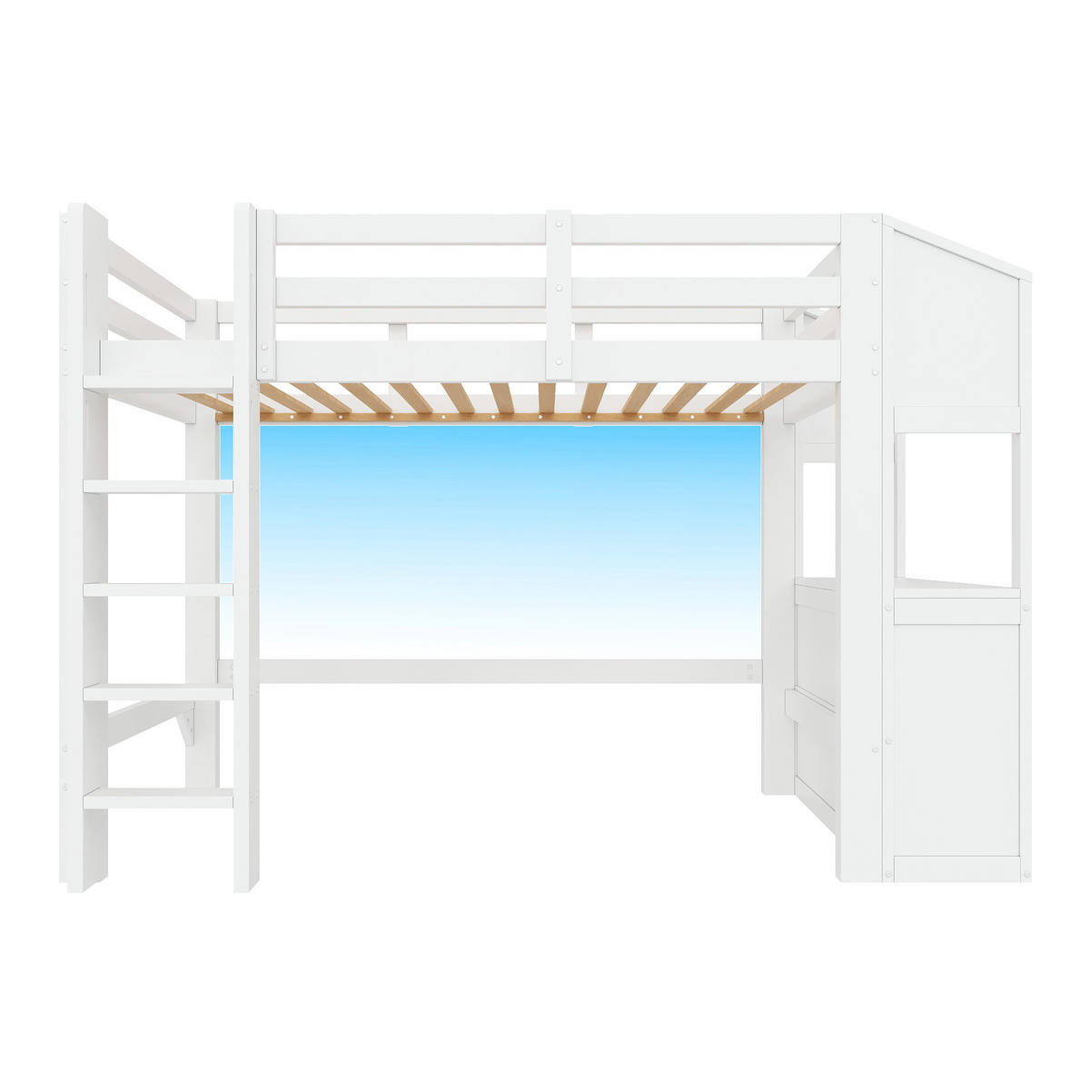 HOCHBETT weiß 90 × 200 cm aus Kiefernholz‑MDF mit 3 Schubladen und Regalen, LED‑Beleuchtung - Weiß, Holzwerkstoff (90/200cm) - Luhomfu