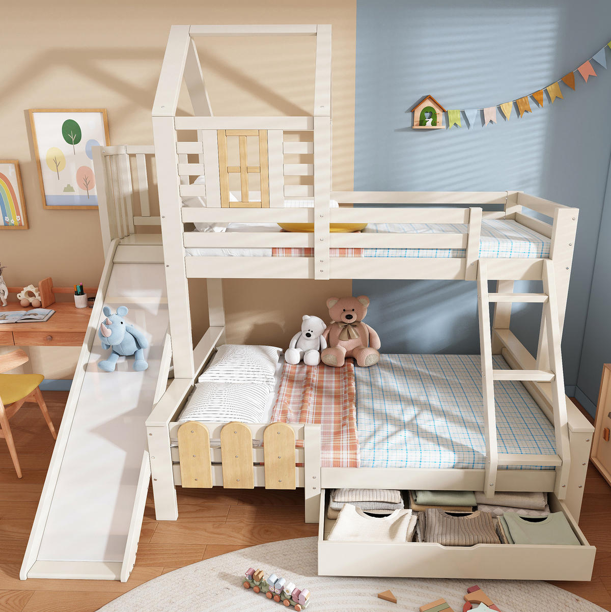 HAUSBETT 90/200 & 140/200 cm mit Rutsche, Schublade und Leiter - Weiß, Metall (90/200cm) - Flora Grace