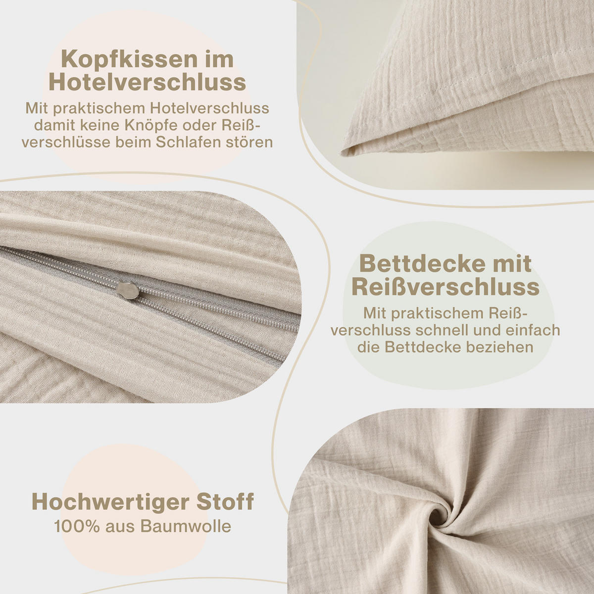 BETTWÄSCHE Musselin, 100% Baumwolle, 155/220 cm & 40/80 cm, Grau - Grau, Textil (155/220cm) - Blumtal