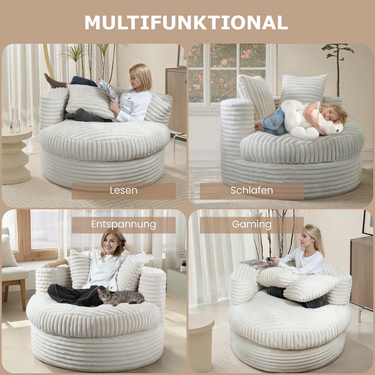 XXL-SESSEL Beige Cord - Beige, Textil (120/70/120cm) - Vercart