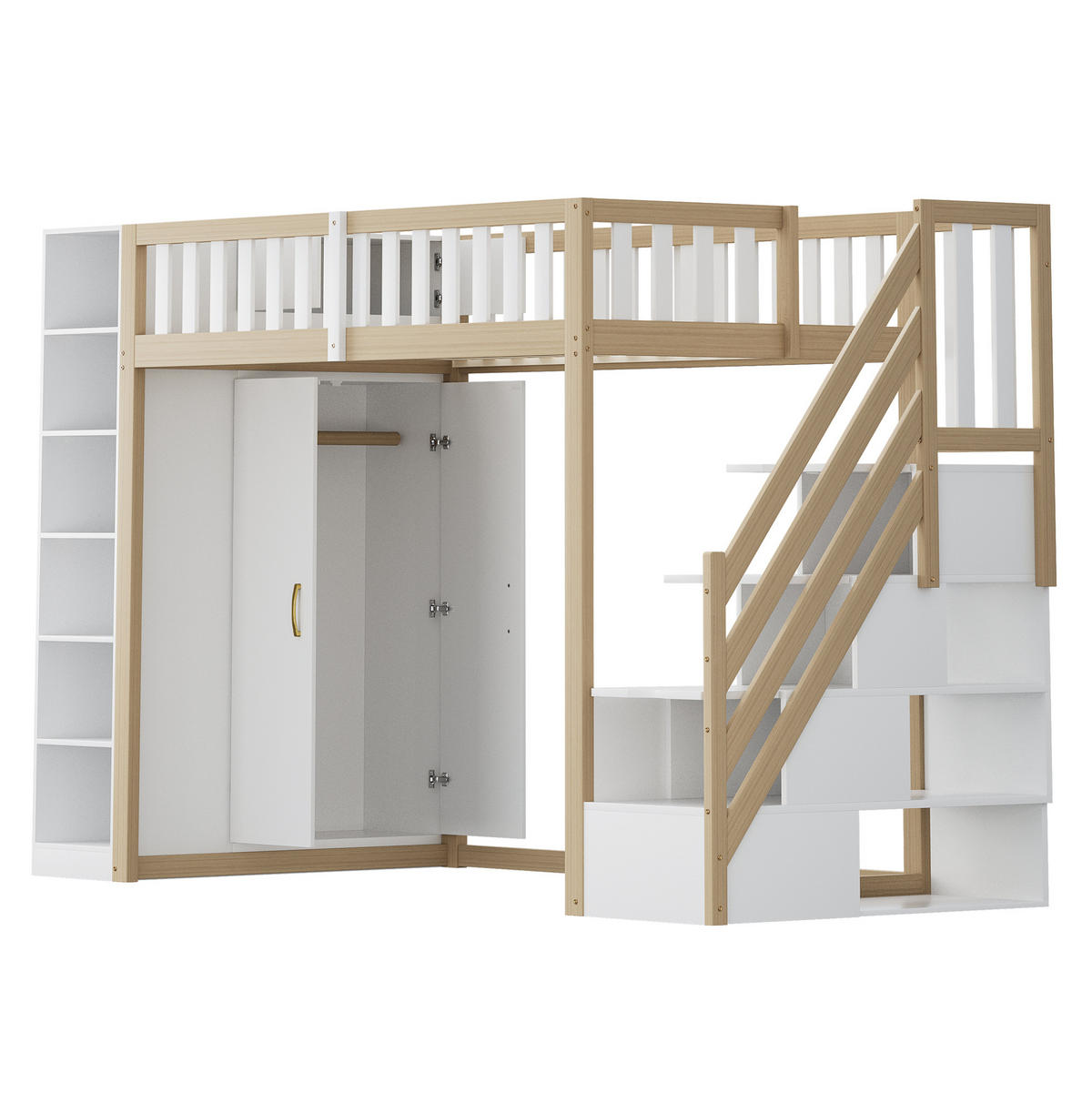 HOCHBETT 90/200 cm in Weiß/Natur mit Kleiderschrank, Regalen und Leiter - Weiß, Holzwerkstoff (90/200cm) - BEAOK
