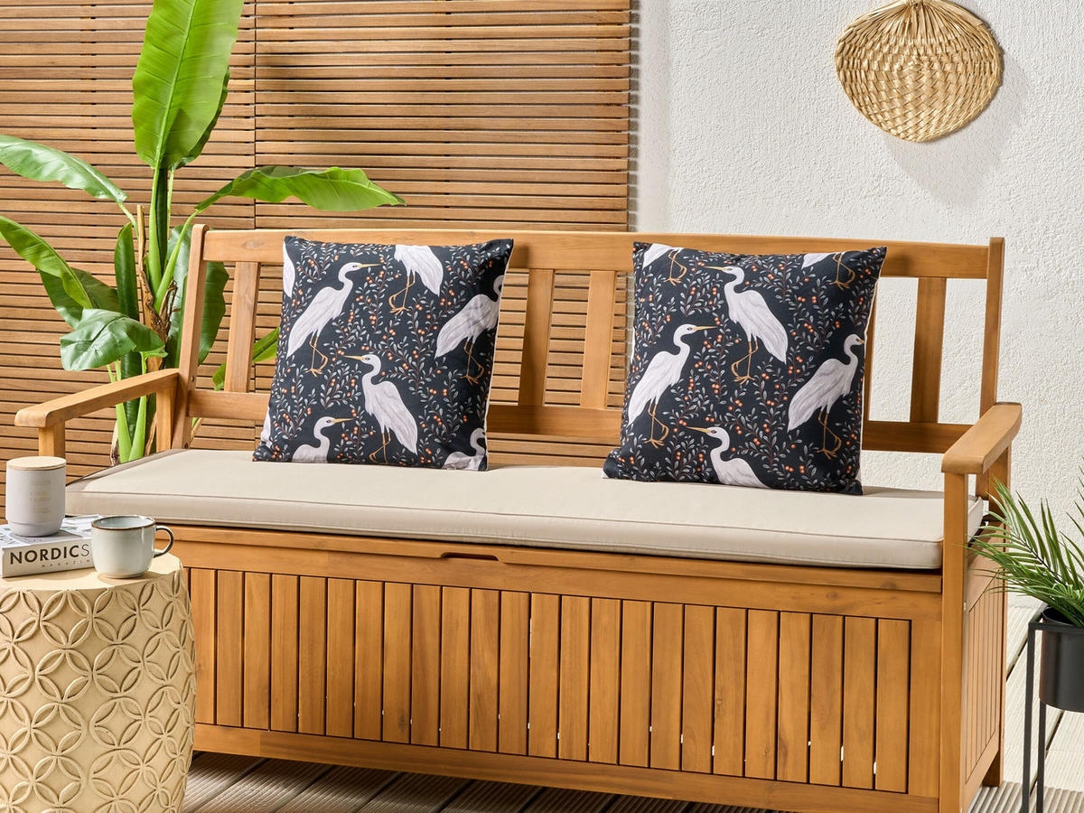 GARTENKISSEN 2er-Set Vogelmotiv schwarz 45/45 cm Pianazzo - Hellgrau, Textil (45/45cm) - Beliani