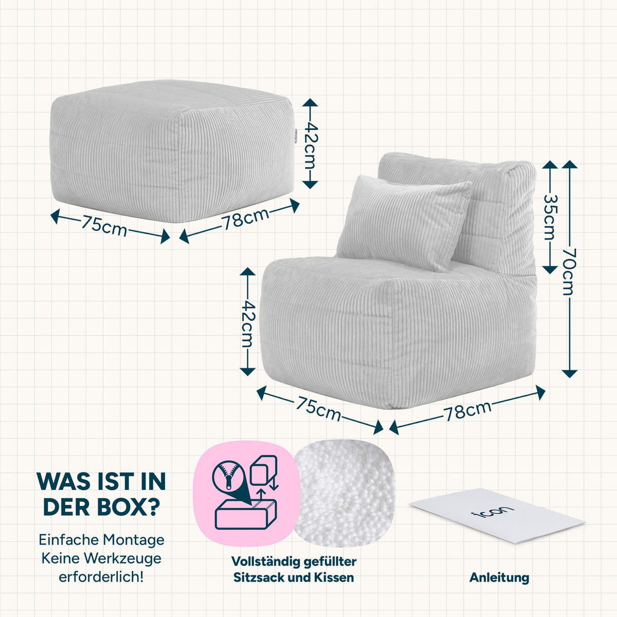 SITZSACK-SOFA 2-tlg. modular cord Noa - Beige, Textil (143/70/78cm) - icon