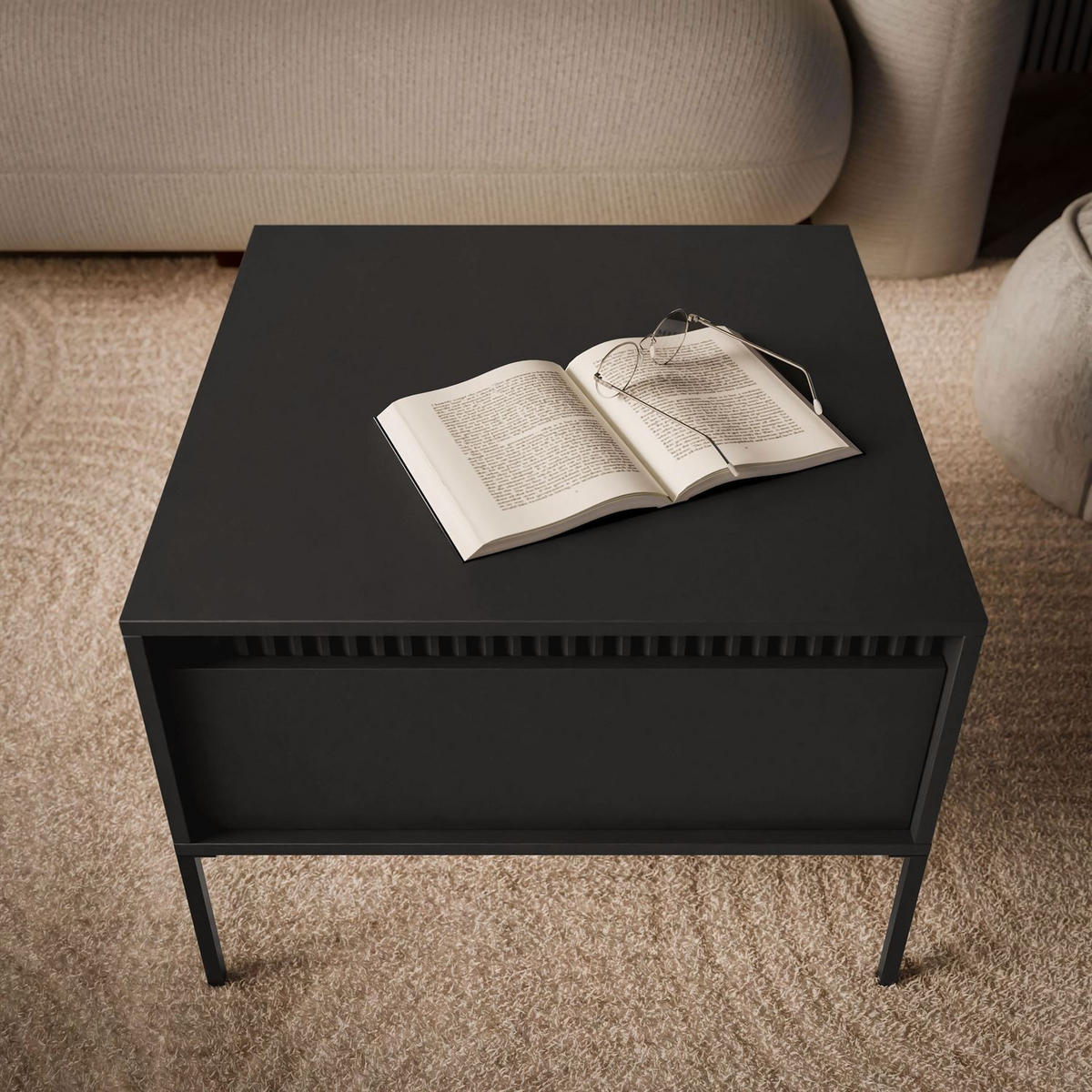 COUCHTISCH YASUMI mit Schublade schwarz matt - Schwarz, Holzwerkstoff (68/68/48.4cm) - Lookway