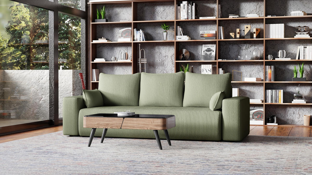 SOFA Bubi mit Bettkasten und Schlaffunktion, Cordstoff - Salbeigrün, Holzwerkstoff (242/85/95cm)