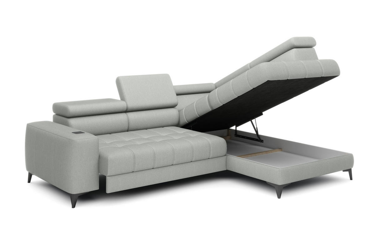 ECKSOFA BAGGIO Letto Stoff, Schlaffunktion, Bettkasten, Sitztiefe, Kopfstützen 280x196cm – Rechts – Esche - Silberfarben, Holz/Textil (280/196cm) - DomoHome