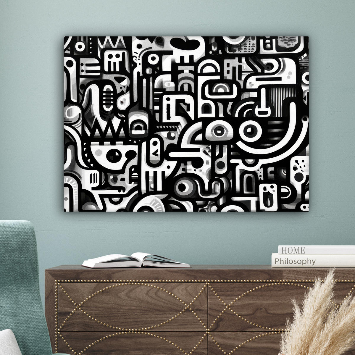 LEINWANDBILD Symbole - Abstrakt - Grafik - Schwarz Wandbilder 80x60 cm - Schwarz, Textil (80/60cm) - MuchoWow