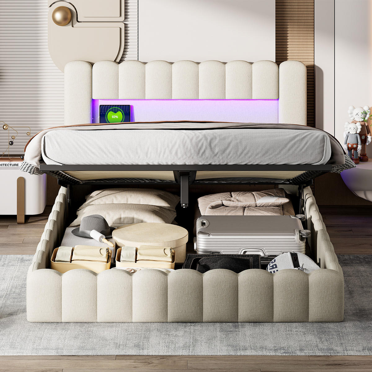 POLSTERBETT 140x200 cm Bubble Design LED USB Stauraum beige - Beige, Holz (140/200cm) - LEBENLANG