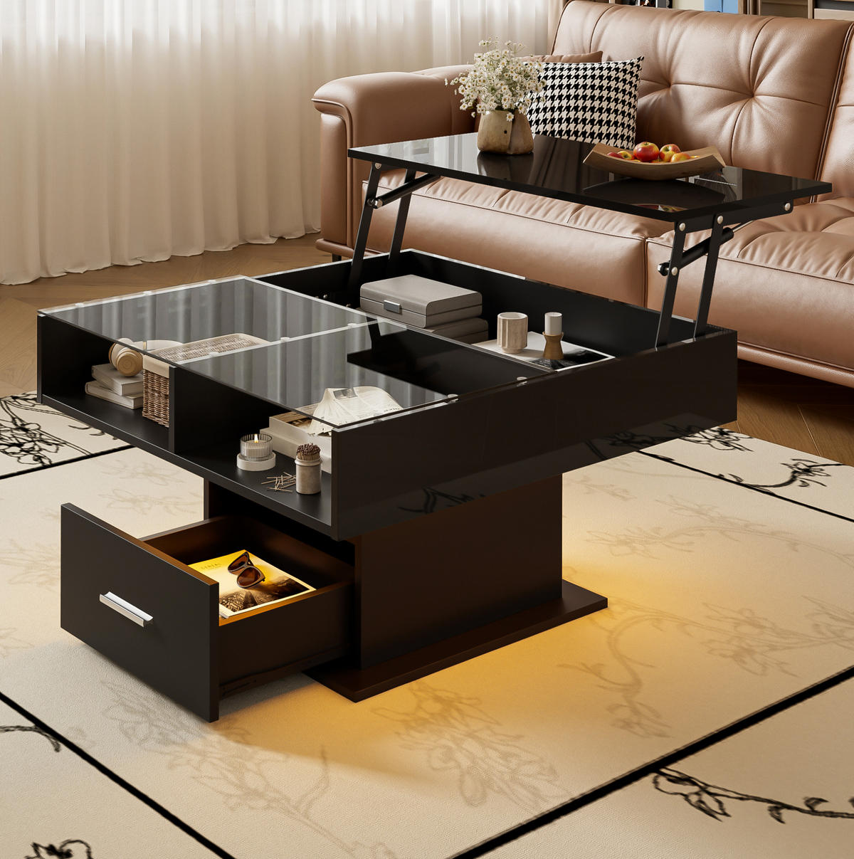 COUCHTISCH 78/78 cm in Schwarz aus Spanplatte mit LED-Beleuchtung und Stauraum - Schwarz, Holzwerkstoff (78/78/45cm) - OKMYHOME