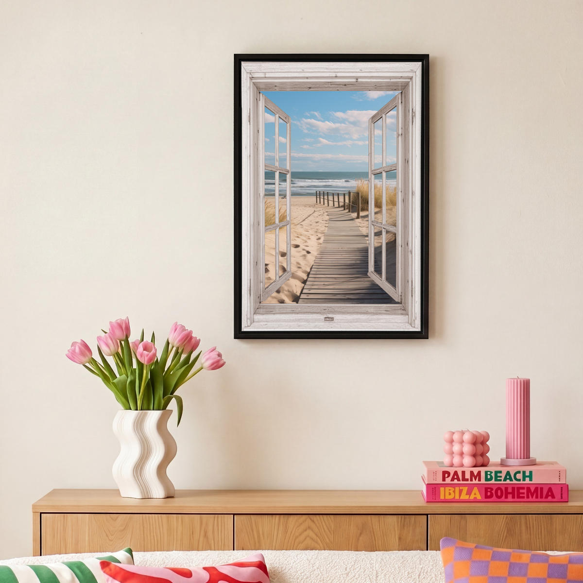 LEINWAND Bilder mit Rahmen - Fenster - Meer - Küste - Natur - Ausblick - Strand - Wattenmeer - 20x30 - Beige, Textil (20/30cm) - MuchoWow