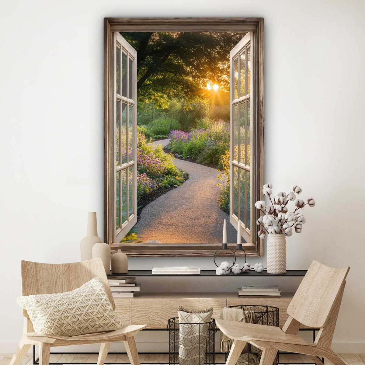 SLIKA NA PLATNU Pogled skozi okno 90x140 cm - svetlo rumena, tekstil (90/140cm) - MuchoWow