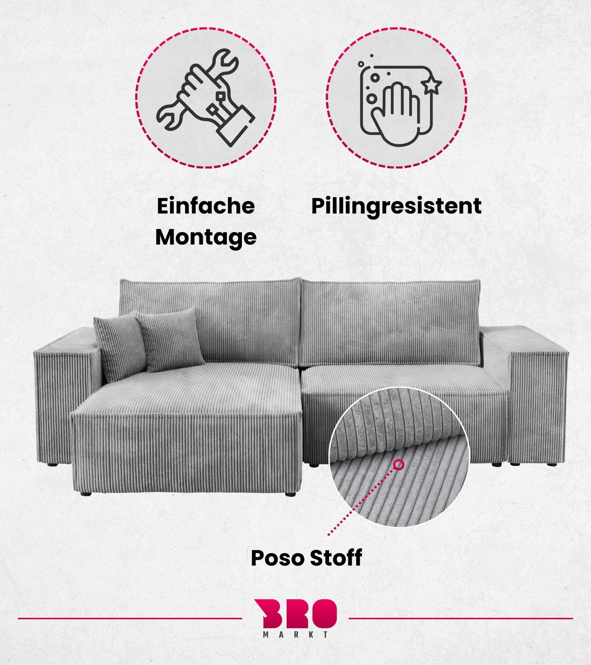 ECKSOFA Pedro mit Schlaffunktion Hellgrau Cord - Hellgrau, Textil (255/153cm) - Bromarkt