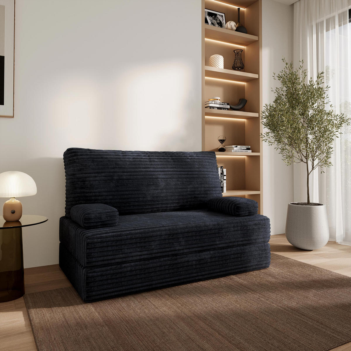 BETTSOFA LADIA aus Schaumstoff Cordstoff Schwarz Schlaffunktion - Schwarz, Textil (140/86/60cm) - MASSENO
