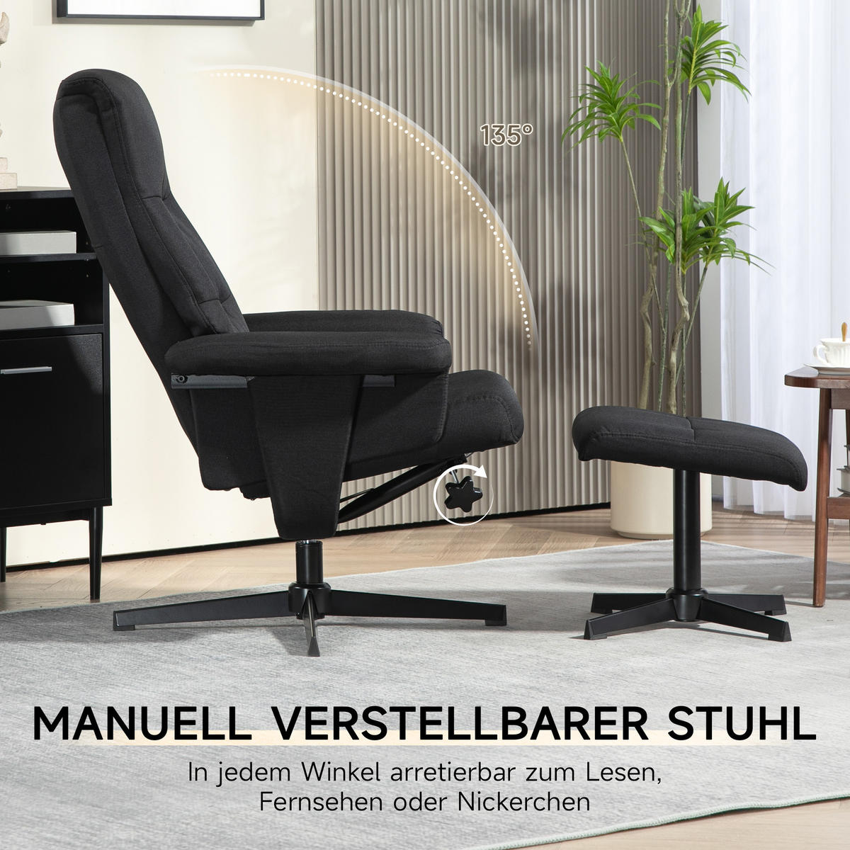 RELAXSESSEL mit Hocker, Gepolstert Fernsehsessel mit Liegefunktion, Schwarz - Schwarz, Textil/Metall (81/102/74cm) - HOMCOM