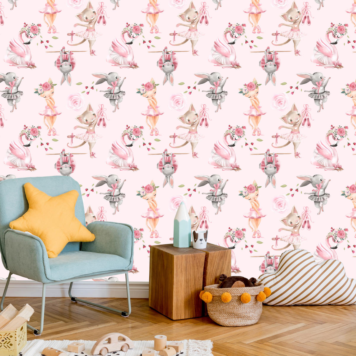 VLIESTAPETE Katzen und Hasen als Ballerinas – Rosa, Weiß – 50x1000 cm - Rosa/Weiß, Papier (50/1000cm) - Muralo