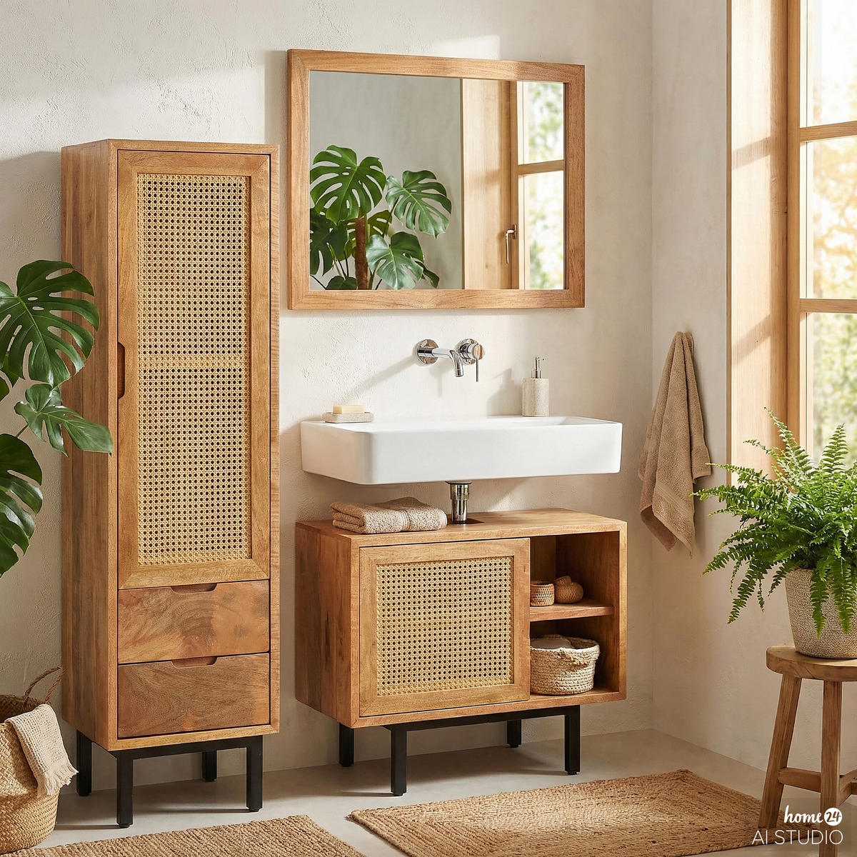 MASSIVER MIDISCHRANK - Mango massiv / Wiener Geflecht - Mango / Beige - Braun, Naturmaterialien/Holz (38/130/30cm) - home24