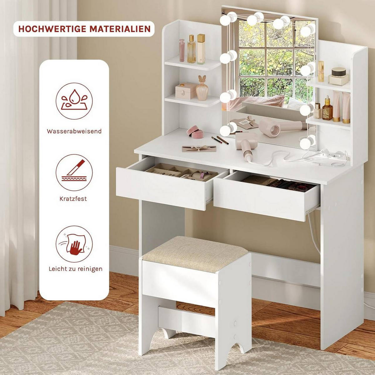 SCHMINKTISCH mit LED-Beleuchtung, 2 Schubladen, Weiß - Weiß, Glas/Holzwerkstoff (90/135/40cm) - Woltu