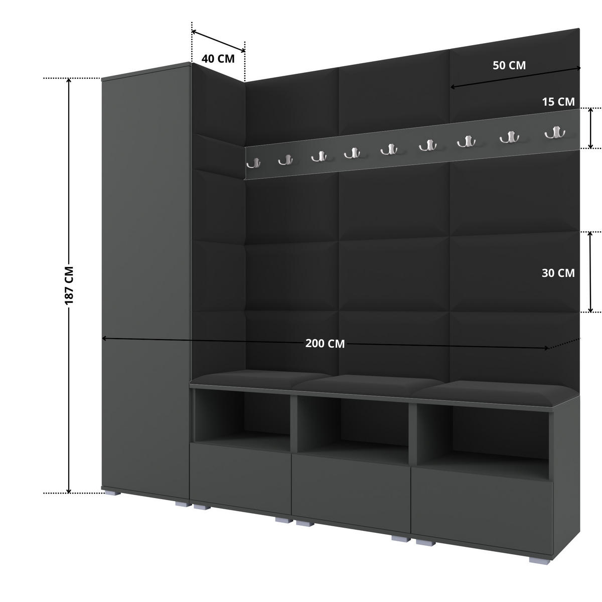 GARDEROBE NELA IX 200 cm (Modulare Flurmöbel Graphit mit Sitzpolster Schwarz 16 Breite Sitzbank) - Silberfarben/Schwarz, Holz/Holzwerkstoff (200/187/40cm) - Ravio