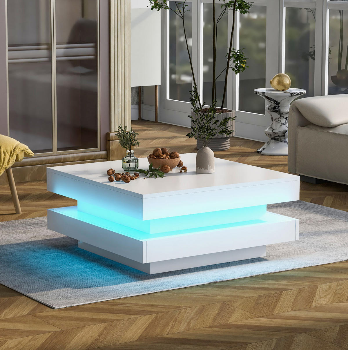 KONFERENČNÍ stolek, 70/70/36 cm bílý, vysoký lesk s otočnou deskou a LED osvětlením - bílá, kompozitní dřevo (70/70/36cm) - BEAOK