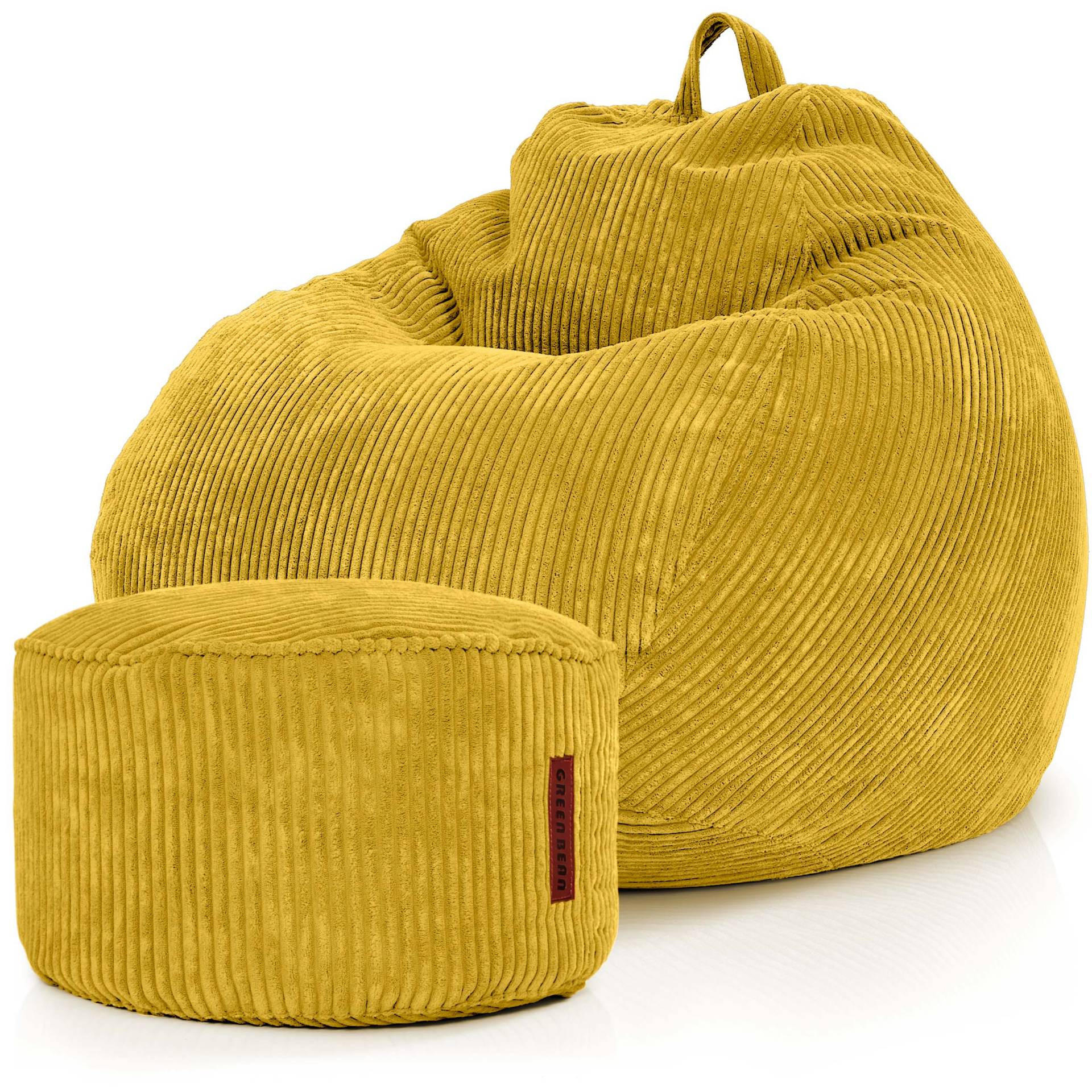 XXL-SITZSACK 2er Set + Pouf - Cordstoff - Gelb, Textil (90/110/90cm) - Green Bean