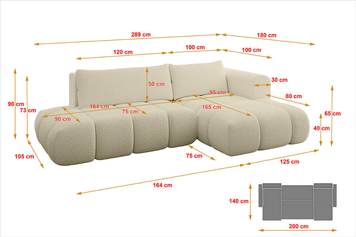 ECKSOFA Ottomane Rechts CLOUD-L 289x180x40 Beige Bouclé - Beige, Holzwerkstoff/Kunststoff (289/180cm) - ALTDECOR