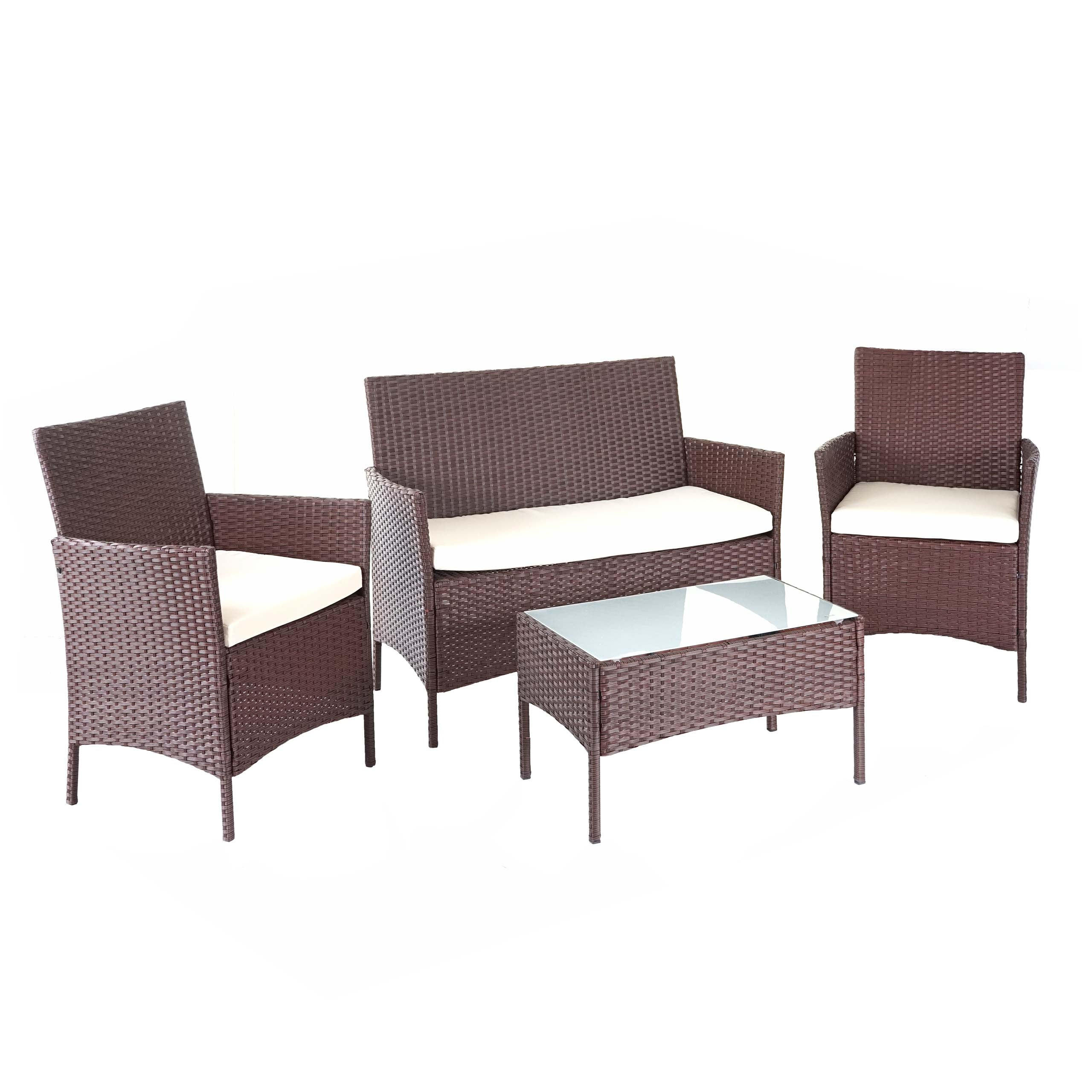 GARTEN-GARNITUR Polyrattan Braun-Meliert Kissen Creme - Braun, Metall - PROREGAL