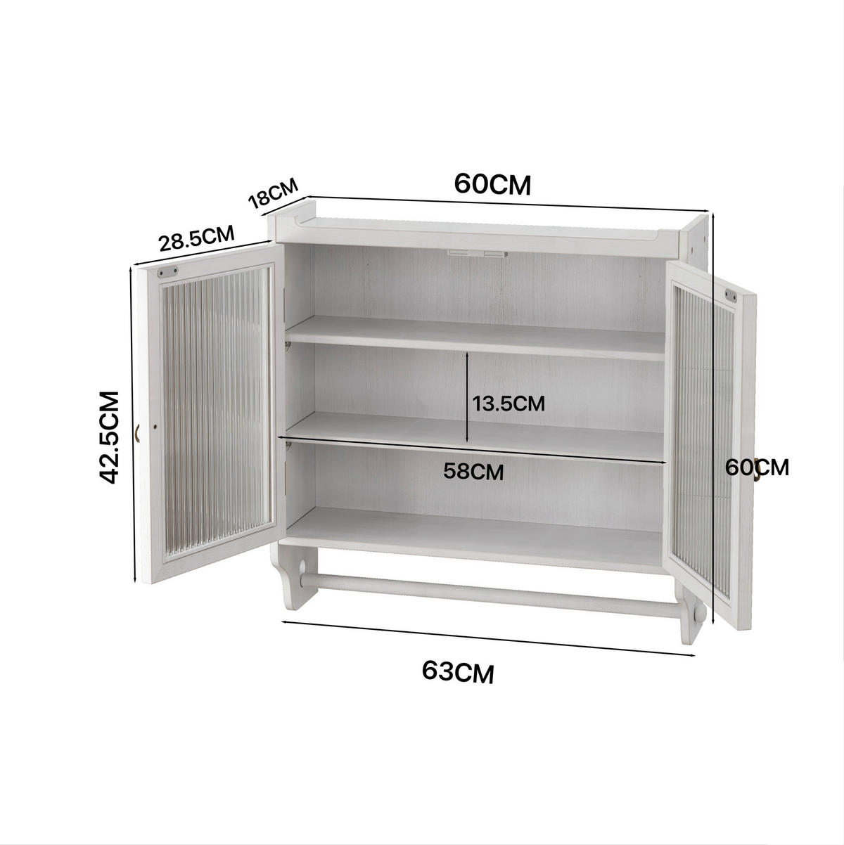 KÜCHENOBERSCHRANK 60/18/63 cm aus Massivholz und MDF mit Riffelglastüren Weiß gewaschen - Weiß, Holz (63/60/18cm) - Modenvie