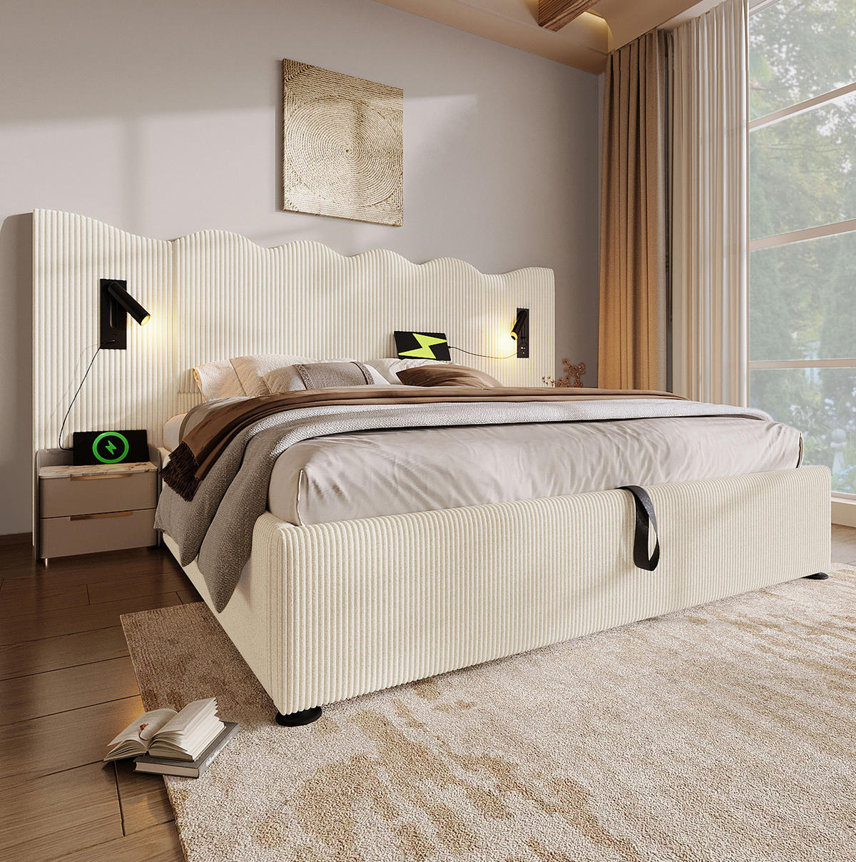 POLSTERBETT 180/200 cm in Beige mit Bettkasten, Leselicht und USB- und Type-C-Anschlüssen - Beige, Leder (180/200cm) - Flora Grace