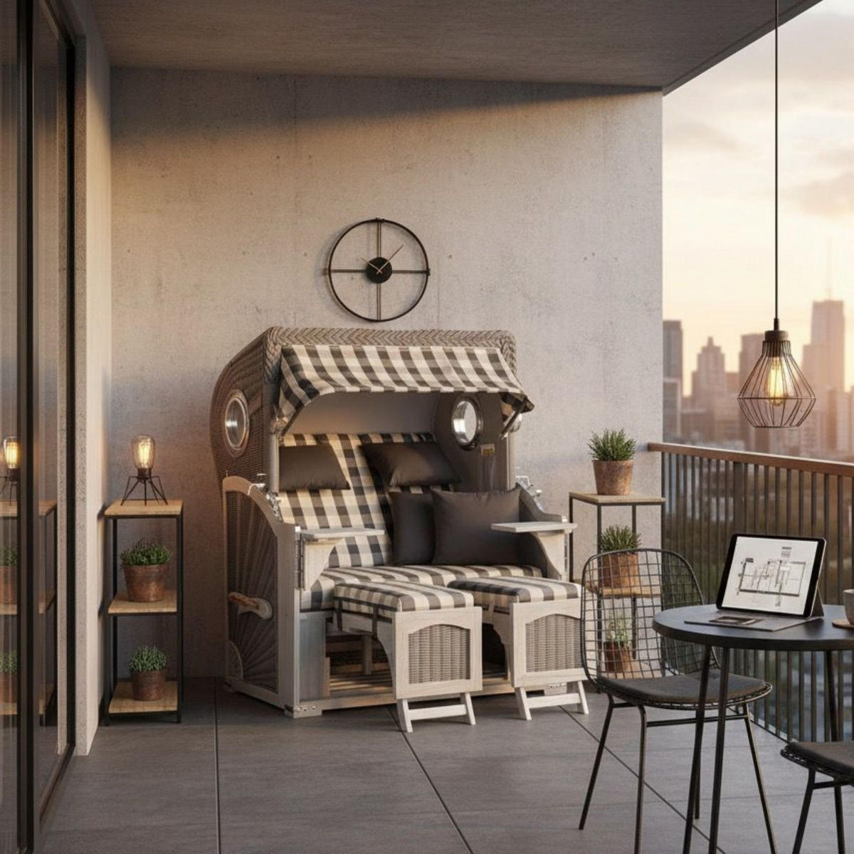 STRANDKORB Düne Koboo Grau Bullaugen - Braun/Grau, Holz/Metall (125/170/80cm) - Mr. Deko