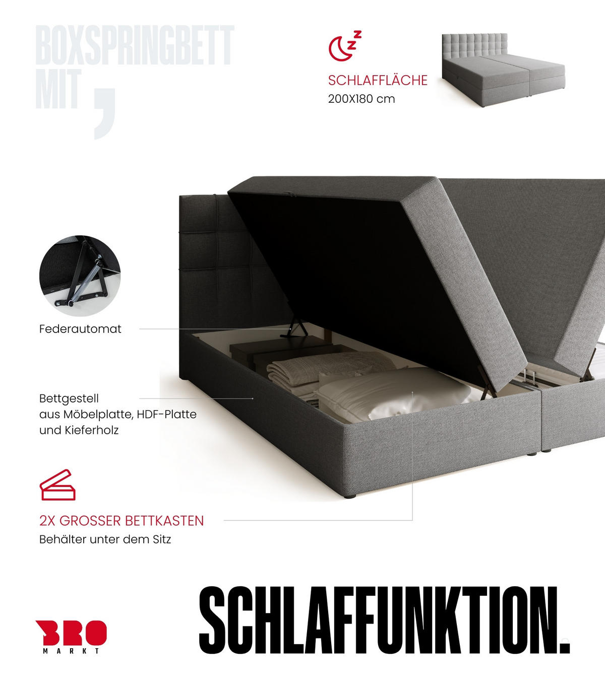 BOXBETT Detroit mit Topper 180/200 Hellgrau - Hellgrau, Holzwerkstoff/Textil (180/200cm) - Bromarkt