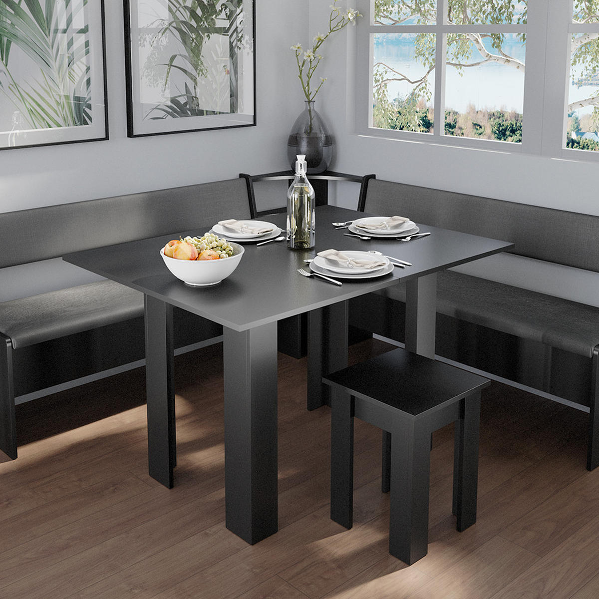 ECKBANKGRUPPE Roman Schwarz 180 x 41.5 cm mit Tisch - Schwarz/Grau, Holzwerkstoff (180/80/180cm) - Vicco