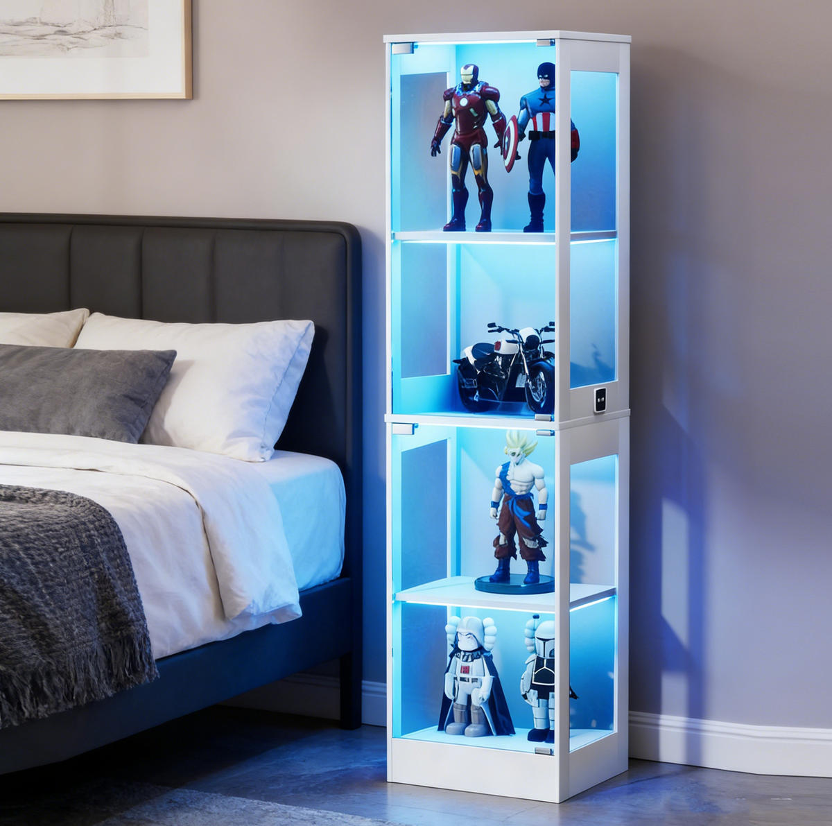 VITRÍNA z MDF a skla 40x165x35 cm bílá s LED osvětlením, senzorem pohybu a skleněnými dveřmi - bílá, kompozitní dřevo (40/165/35cm) - Modfu