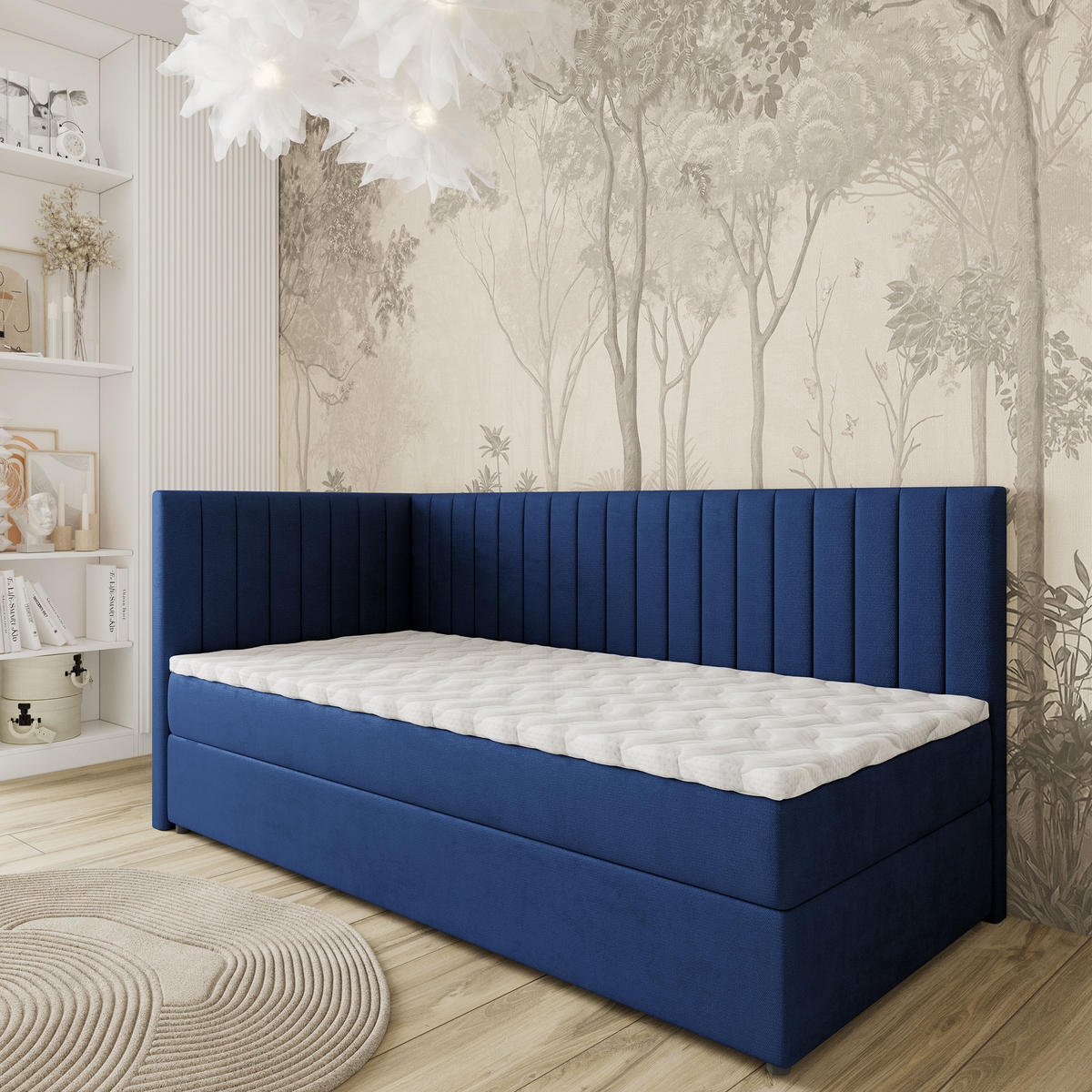 BOXBETT ARIS 80x200 cm mit Matratze und Topper, H2+H3 - Blau - Blau, Holz (80/200cm) - MASSENO