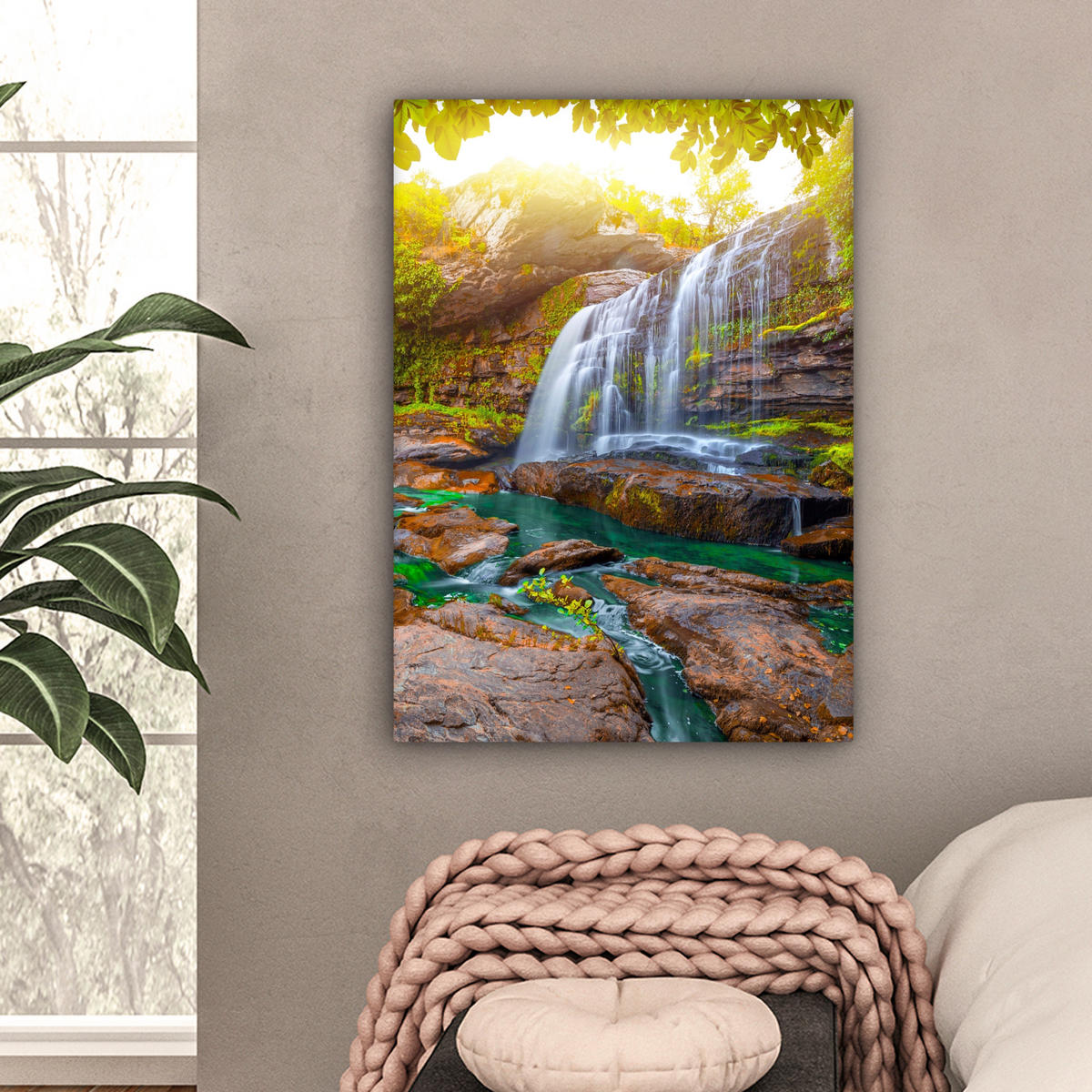 LEINWANDBILD Natur - Wasserfall - Pflanzen - Bäume - Sonne 60x80 cm - Olivgrün, Textil (60/80cm) - MuchoWow
