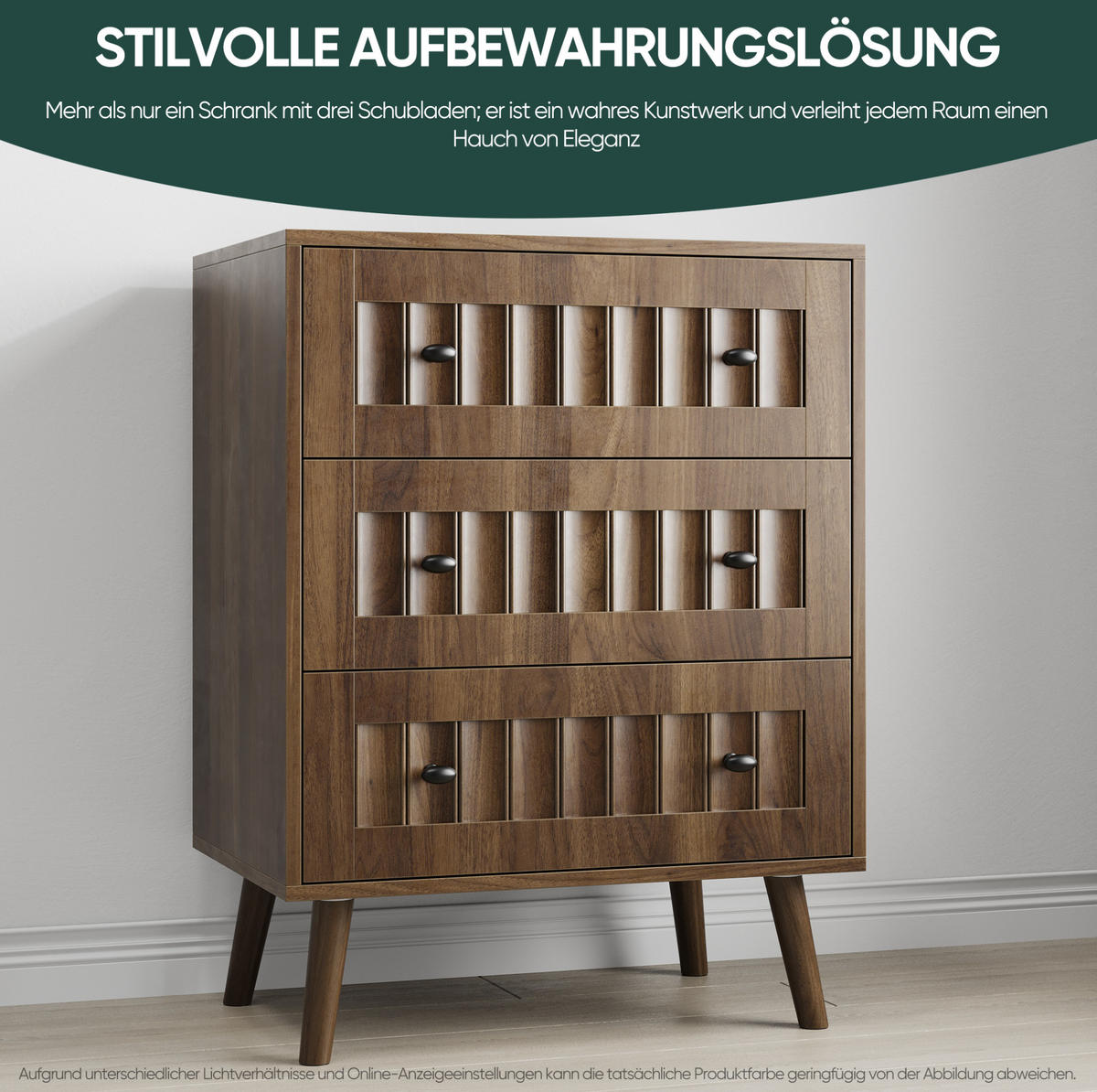 KOMODA z MDF 60x40x79 cm ořechová se 3 zásuvkami a drážkovanými čely - barva vlašského ořechu, kompozitní dřevo (60/78/40cm) - Modfu