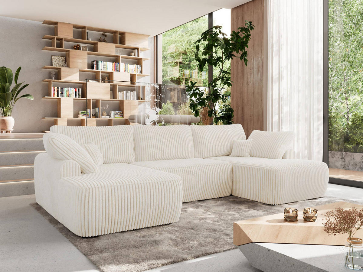 WOHNLANDSCHAFT CUBO U Creme Cord - Creme/Schwarz, Kunststoff/Textil (370/100/187cm) - MKS