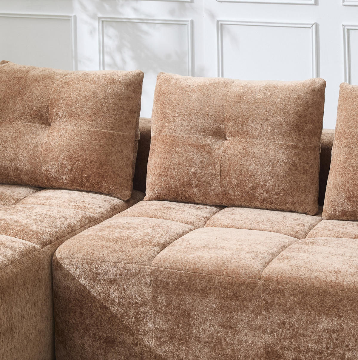ECKSOFA 258 cm mit Becherhaltern, tiefem Sitzkomfort und Chenille-Bezug, Hellbraun - Hellbraun, Textil (258/163cm) - Redom