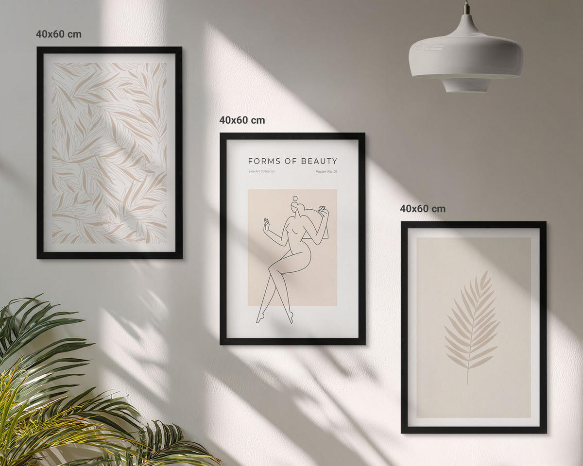 WANDBILDER 3er-Set - 40x60 cm Schwarzer Rahmen - Minimalistische botanische Motive - Schwarz, Kunststoff (40/60cm) - ArtPrintCave