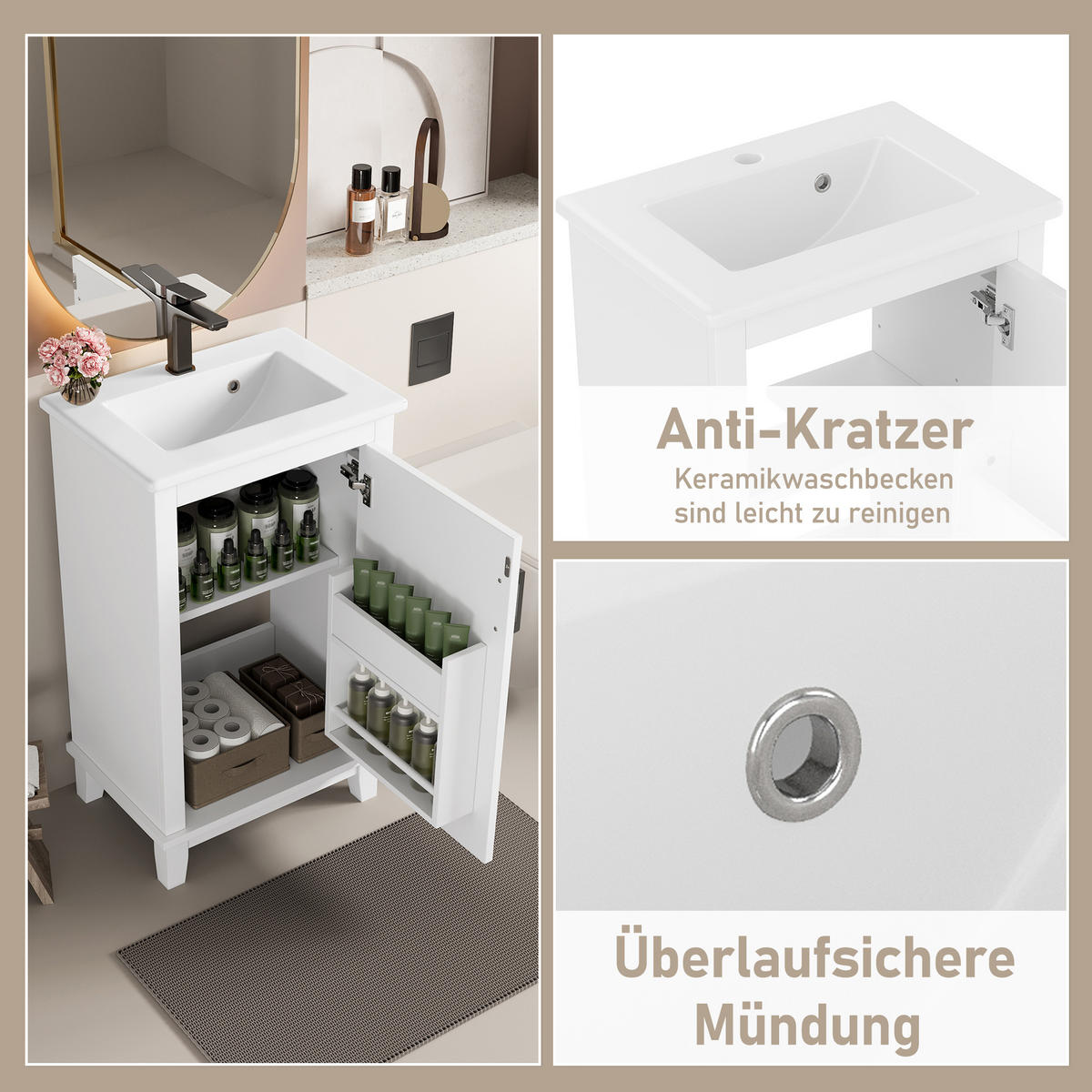 WASCHTISCHKOMBI 51x34x83cm in Weiß mit Keramikbecken & verstellbarem Regal - Weiß, Holzwerkstoff (51/83/34cm) - Modfu