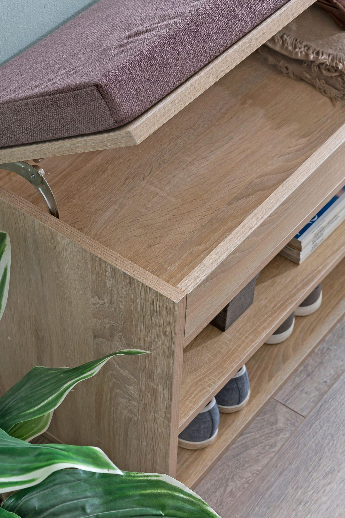GARDEROBENBANK Holz gepolstert mit Stauraum, Beige 104x32x51 cm - Beige/Braun, Holz/Textil (104/51/32cm) - KADIMA DESIGN