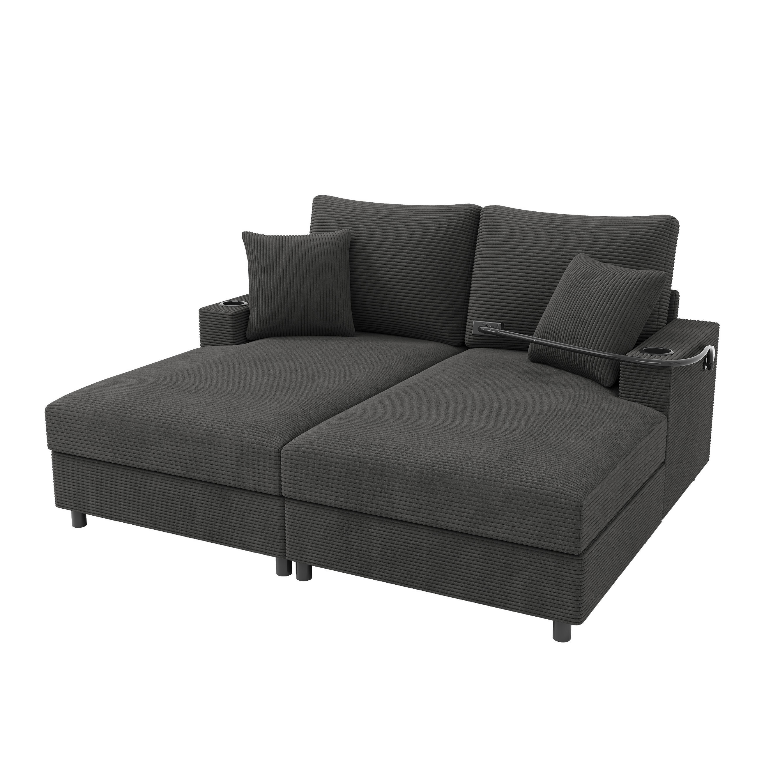 SCHLAFSOFA 2-SITZER Cord Grau mit USB, USB-C, Handyhalterung und Getränkehaltern - Grau, Holzwerkstoff/Kunststoff (163/82/140cm) - WISHDOR