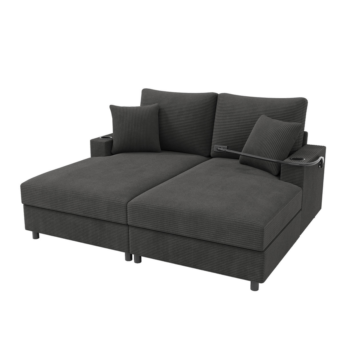 SCHLAFSOFA 2-Sitzer mit Handyhalter, USB und Getränkehalter, Grau - Grau, Textil (163/82/140cm)