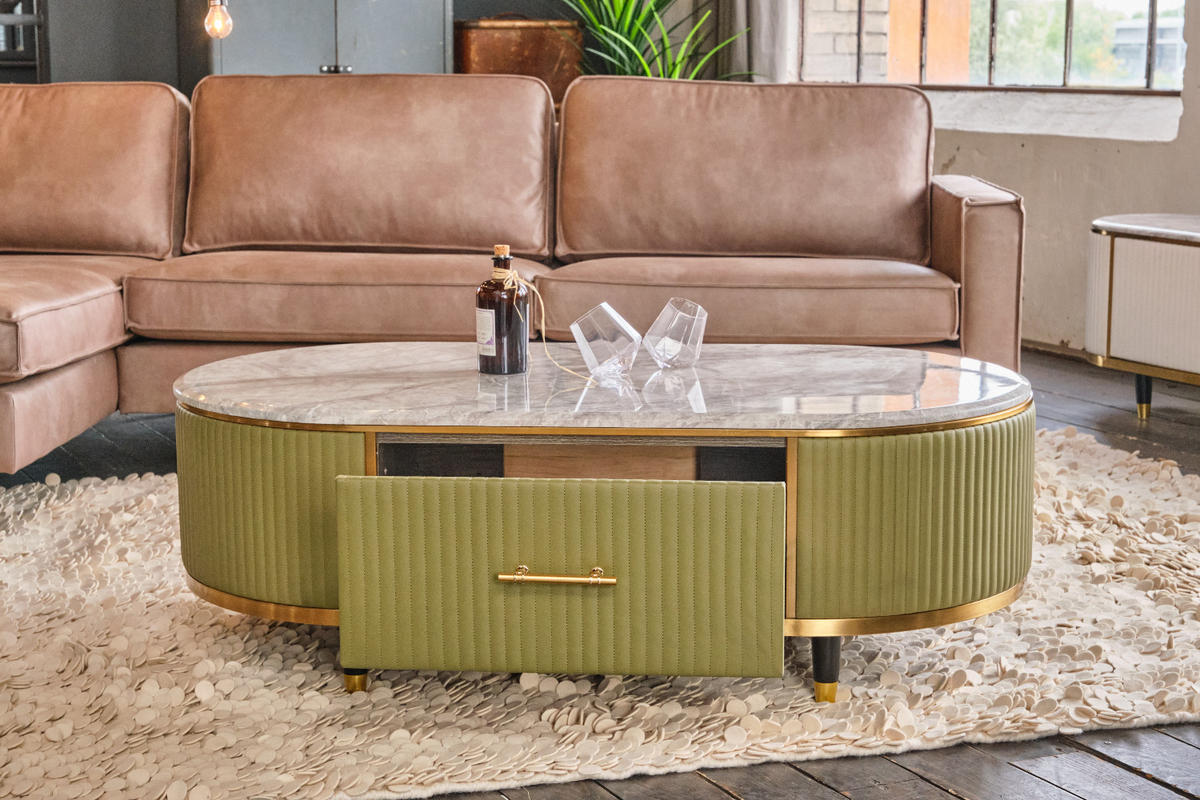 COUCHTISCH MARIA Grün Kunstleder - Schwarz/Grün, Stein/Metall (70/130/45cm) - KAWOLA