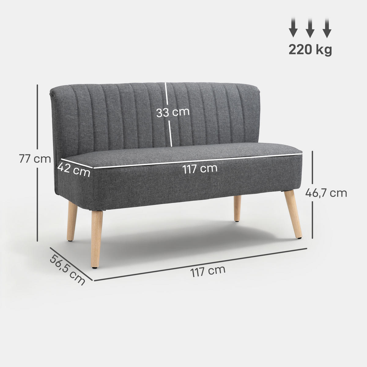 2-SITZER Sofa Polstersofa Doppelsofa Zweisitzer Sofa mit Leinen-Optik Grau - Dunkelgrau/Naturfarben, Holz/Textil (56.5/77/117cm) - HOMCOM