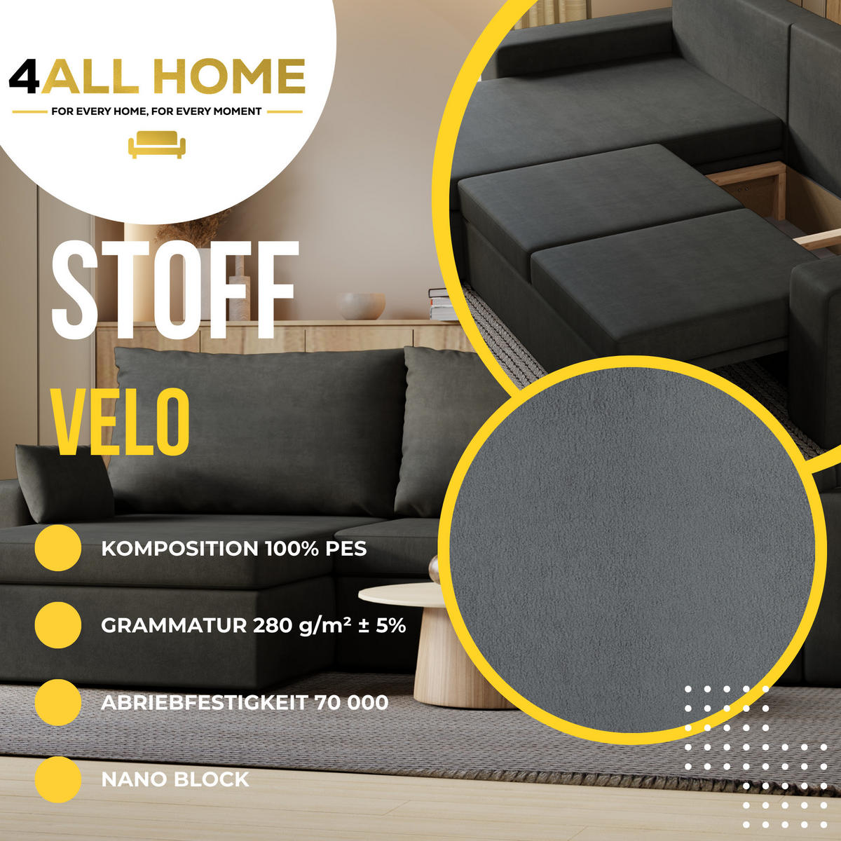 ECKSOFA Paco mit Bettkasten und Schlaffunktion, L-Form/XL-Form, Velourstoff, Universal - Graphitfarben, Holzwerkstoff (276/145cm) - 4ALL HOME