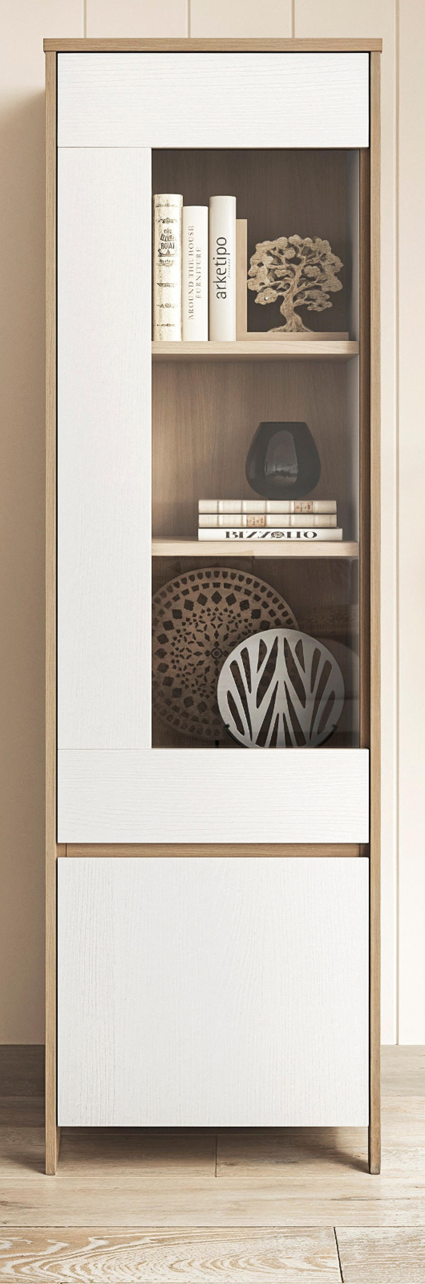 VITRINE in weiß und Eiche Vitrinenschrank skandinavisch 58 x 195 cm, Soft-Close Finnes - Eichefarben/Weiß, Glas/Holzwerkstoff (58/195/39cm) - Furn.Design