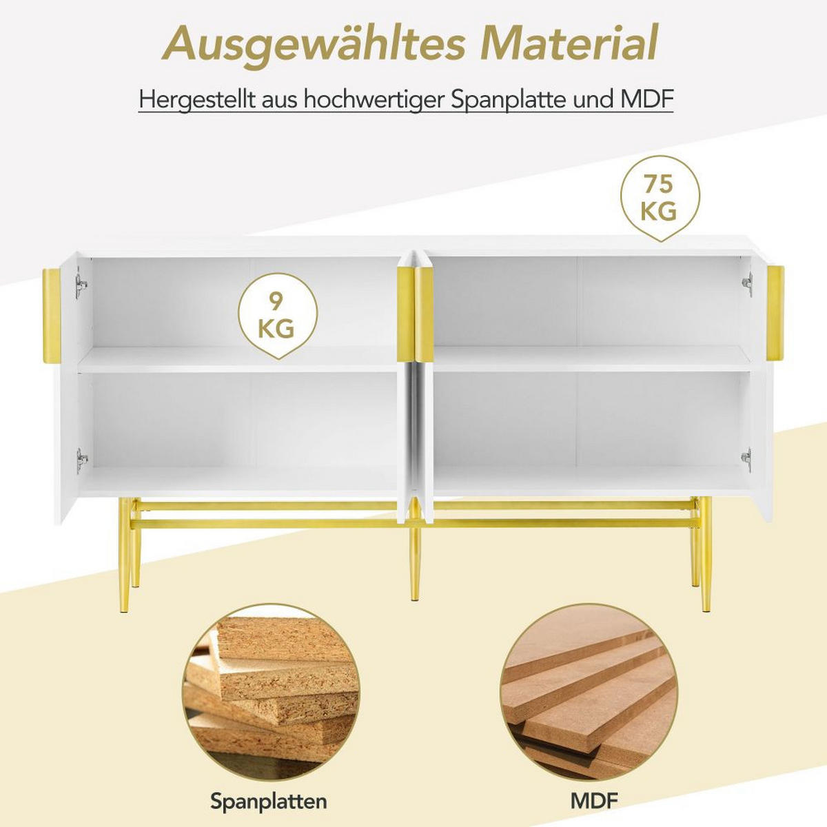 SIDEBOARD mit 4 Türen und Metallgriff, Weiß - Weiß, Holz (40.5/80/152.5cm) - KOMHTOM