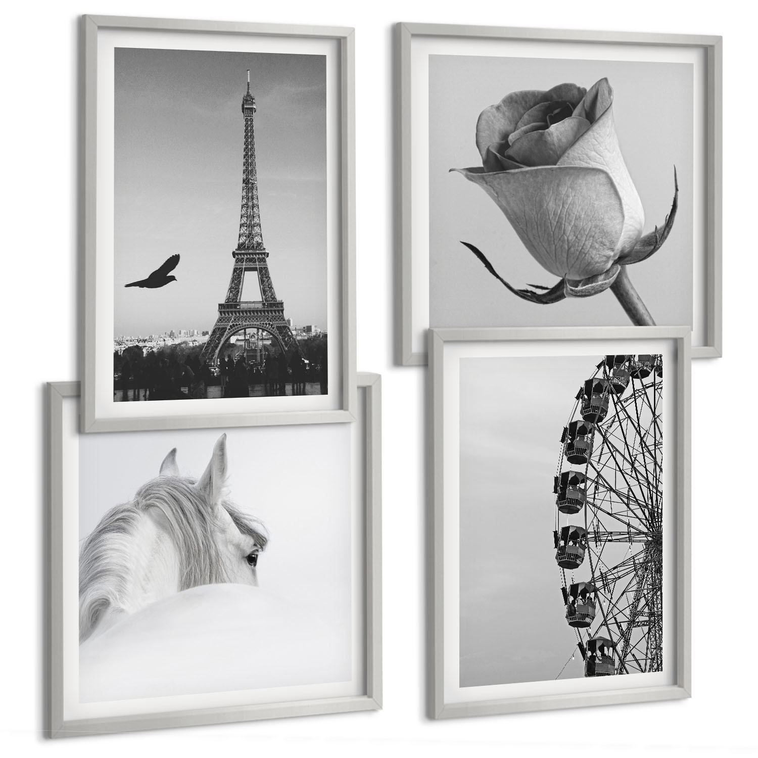 BILDER SET 4er Set - 50x50 cm & 40x60 cm Silberner Rahmen - Rose Eiffelturm Pferd Riesenrad S/W - Silberfarben, Kunststoff (50/50cm) - TULUP