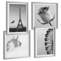BILDER SET 4er Set - 50x50 cm & 40x60 cm Silberner Rahmen - Rose Eiffelturm Pferd Riesenrad S/W - Silberfarben, Kunststoff (50/50cm) - TULUP